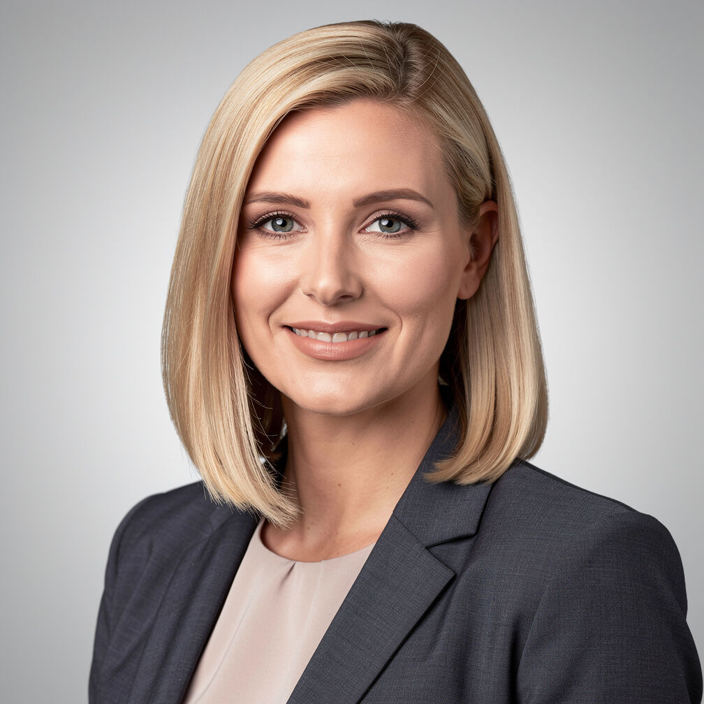 Studio portrait of a German woman with shoulder length blonde hair smiling